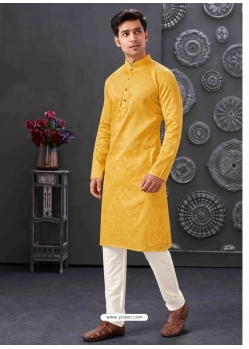 Yellow Poly Blend Mens Kurta Pajama