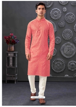 Dark Peach Poly Blend And Cotton Kurta Pajama For Mens