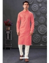 Dark Peach Poly Blend And Cotton Kurta Pajama For Mens