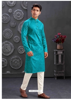 Teal Poly Blend And Cotton Kurta Pajama For Mens