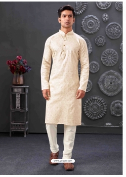 Cream Poly Blend Mens Kurta Pajama