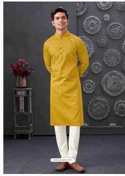 Poly Blend And Cotton Mens Kurta Pajama In Mustard