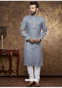 Grey Poly Cotton Digital Printed Mens Kurta Pajama