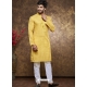 Yellow Poly Cotton Digital Printed Mens Kurta Pajama