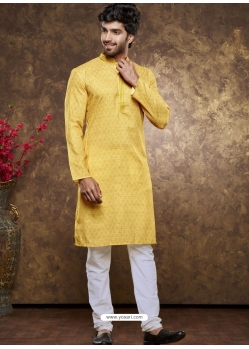 Yellow Poly Cotton Digital Printed Mens Kurta Pajama