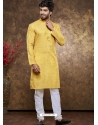 Yellow Poly Cotton Digital Printed Mens Kurta Pajama