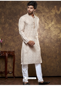 Cream Poly Cotton Digital Printed Mens Kurta Pajama