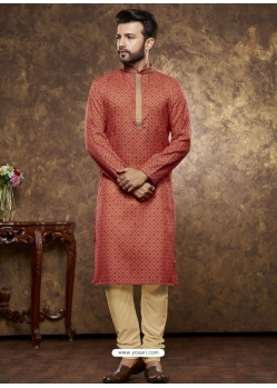 Red Poly Cotton Digital Printed Mens Kurta Pajama