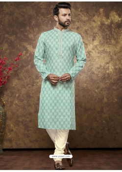 Sea Green Poly Cotton Digital Printed Mens Kurta Pajama