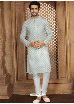 Light Grey Poly Cotton Digital Printed Mens Kurta Pajama