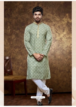 Green Poly Cotton Digital Printed Mens Kurta Pajama