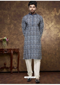 Blue Poly Cotton Digital Printed Mens Kurta Pajama