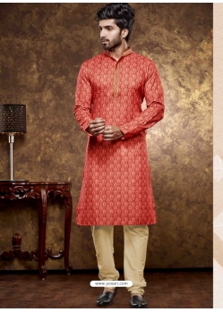 Red Poly Cotton Digital Printed Mens Kurta Pajama