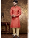 Red Poly Cotton Digital Printed Mens Kurta Pajama