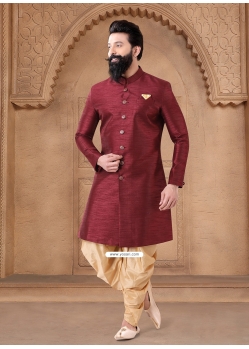 Maroon Silk Buttons And Plain Work Sherwani Mens Wear