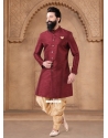 Maroon Silk Buttons And Plain Work Sherwani Mens Wear