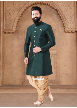 Green Silk Buttons And Plain Work Sherwani Mens Wear