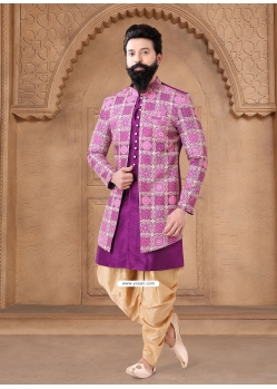 Purple Silk Sherwani Mens Wear With Embroidered Sequins And Thread Work