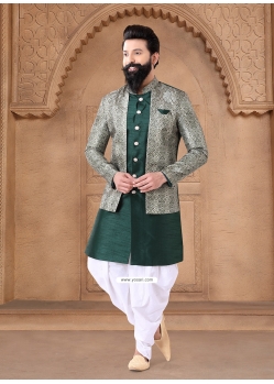 Green Silk Sherwani Mens Wear With Embroidered And Sequins Work For Men