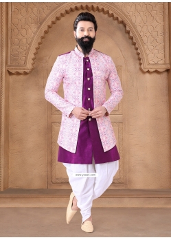 Pink And Purple Silk Embroidered And Sequins Work Sherwani For Men