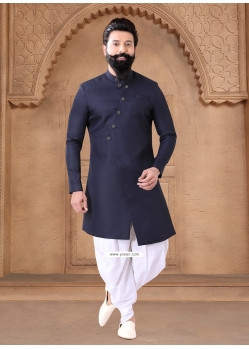 Blue Buttons And Plain Work Sherwani Mens Wear For Ceremonial