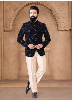 Blue Velvet Embroidered Sequins And Thread Work Jodhpuri Suit