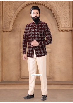 Maroon Velvet Embroidered Sequins And Thread Work Jodhpuri Suit For Men