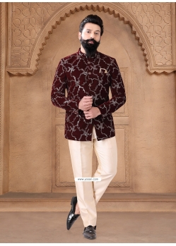 Elegant Maroon Velvet Jodhpuri Suit With Embroidered Sequins And Thread Work