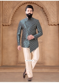 Men Teal Jacquard Print Work Jodhpuri Suit