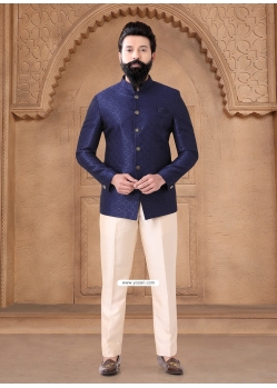 Blue Jacquard Jodhpuri Suit With Print Work For Men