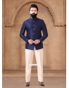 Blue Jacquard Jodhpuri Suit With Print Work For Men