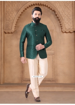 Green Jacquard Jodhpuri Suit With Print Work For Men