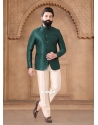 Green Jacquard Jodhpuri Suit With Print Work For Men