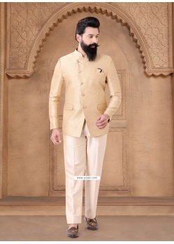 Gold Jacquard Jodhpuri Suit With Print Work