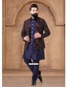 Blue Silk Embroidered Sequins And Thread Work Indo Western For Men