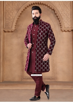 Maroon Embroidered Sequins And Thread Work Silk Indo Western