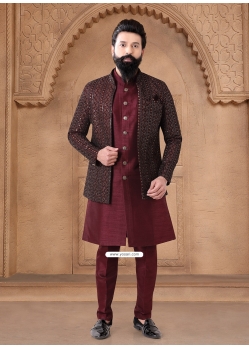 Maroon Silk Indo Western With Velvet Jacket