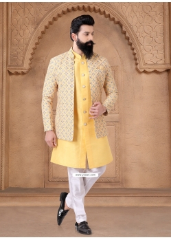 Yellow Silk Indo Western With Embroidered And Thread Work