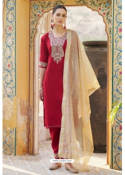 Red Viscose Rayon Readymade Straight Suit