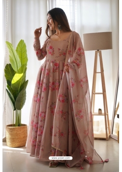 Peach Organza Silk Printed Readymade Gown With Dupatta