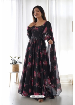 Black Printed Readymade Anarkali Gown With Dupatta
