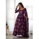 Wine Organza Silk Printed Readymade Gown With Dupatta