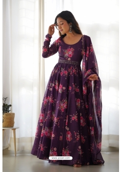 Wine Organza Silk Printed Readymade Gown With Dupatta