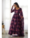 Wine Organza Silk Printed Readymade Gown With Dupatta