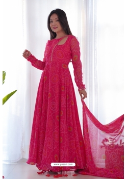 Pink Bandhej Printed Readymade Anarkali Gown With Dupatta