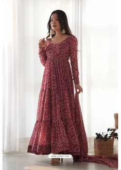 Maroon And Brown Printed Readymade Anarkali Suit