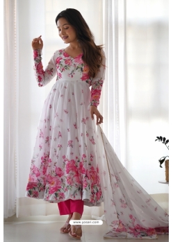 White And Pink Digital Printed Readymade Anarkali Salwar Suit