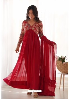 Red Sequins Embroidered Readymade Anarkali Salwar Suit