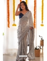 Grey Soft Georgette Sequins Embroidered Saree