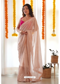 Peach Soft Georgette Sequins Embroidered Saree